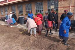 A group of volunteers working together to maintain the community garden in Khayelitsha.
