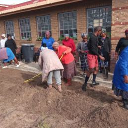 A group of volunteers working together to maintain the community garden in Khayelitsha.