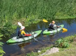 Two people kayaking in green kayaks on a calm waterway in Khayelitsha Wetlands.
